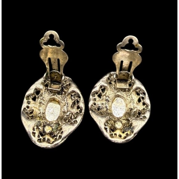 Vintage 80s Silver Blue Purple Faux Cabochon Tone Clip-On Earrings Lot 4 Pairs - Picture 5 of 13